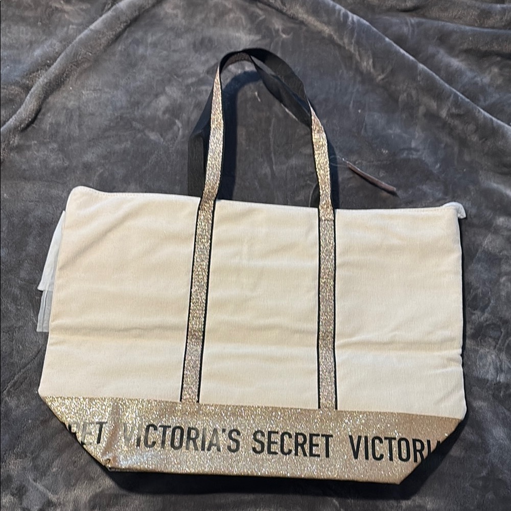 Victoria's Secret Cream and Gold Tote Bag with Classic Design